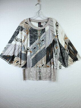 ANAC Tunic Top Korea Abstract Art-to-Wear Lagenlook Linen Batwing Boho size XL